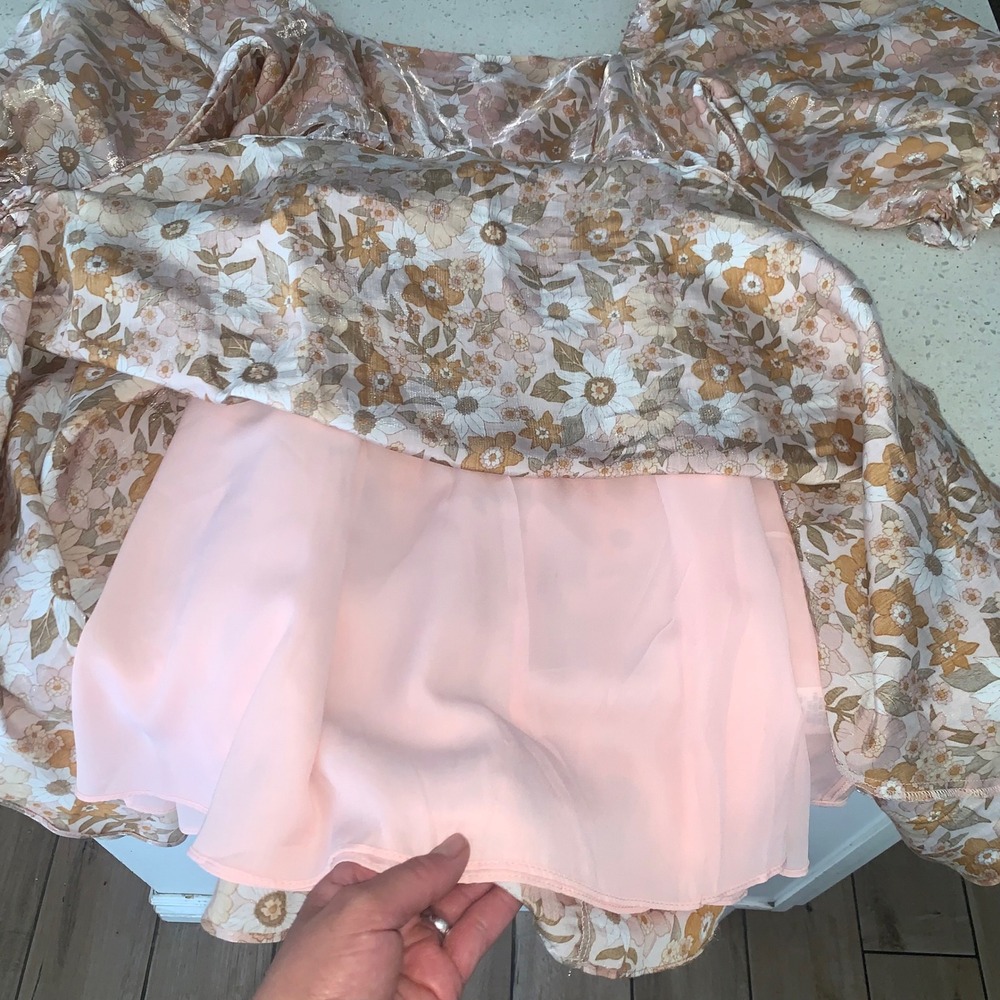 Storia Womens Floral Metallic Puff Sleeve Babydoll Mini Dress Tan Brown Gold M - Picture 9 of 10